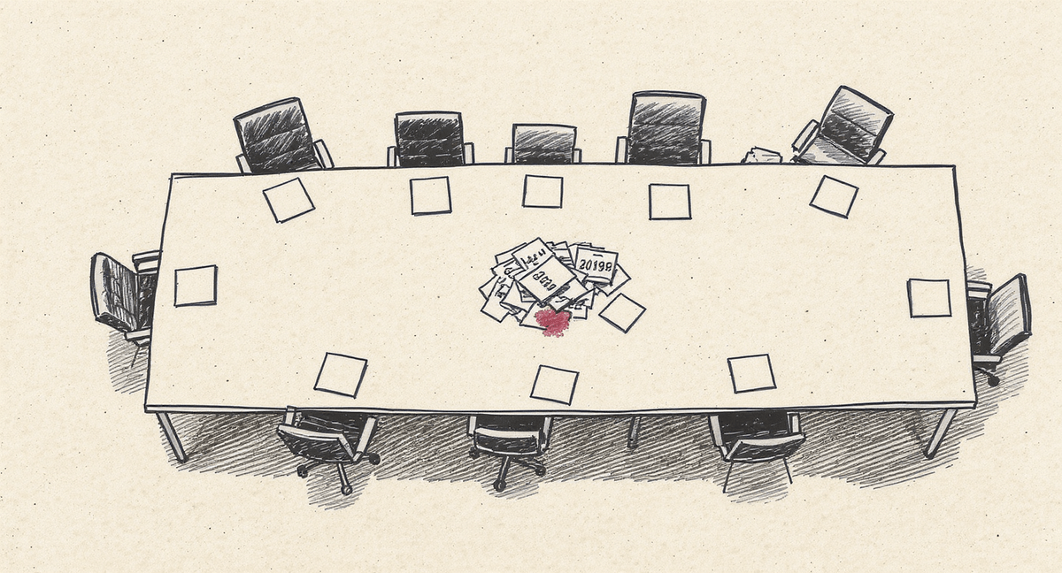 A long conference table viewed from above, surrounded by mismatched chairs all angled differently, with overlapping calendar pages lying face-down on the table surface.