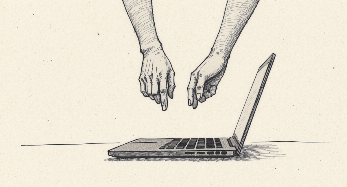 Two hands hovering just above a laptop keyboard in a frozen, disbelieving posture, the laptop screen turned away from the viewer.
