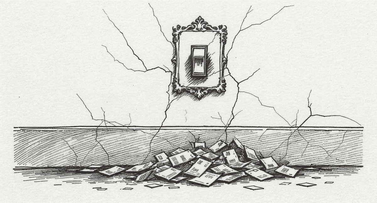 A heavy old-fashioned light switch flipped to the ON position on a cracked wall, while a pile of paper forms and routing slips lies uselessly on the floor beneath it.
