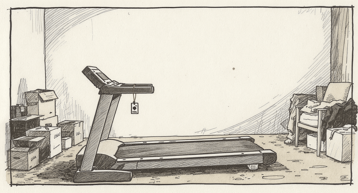A dusty treadmill in a spare bedroom surrounded by everyday clutter, a gym membership card hanging from its handlebar, the machine never quite put to use.