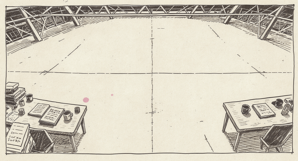 Two desks seen from above at opposite ends of a large warehouse floor, each with notebooks and coffee, separated by a wide stretch of empty concrete, their owners working in parallel but apart.