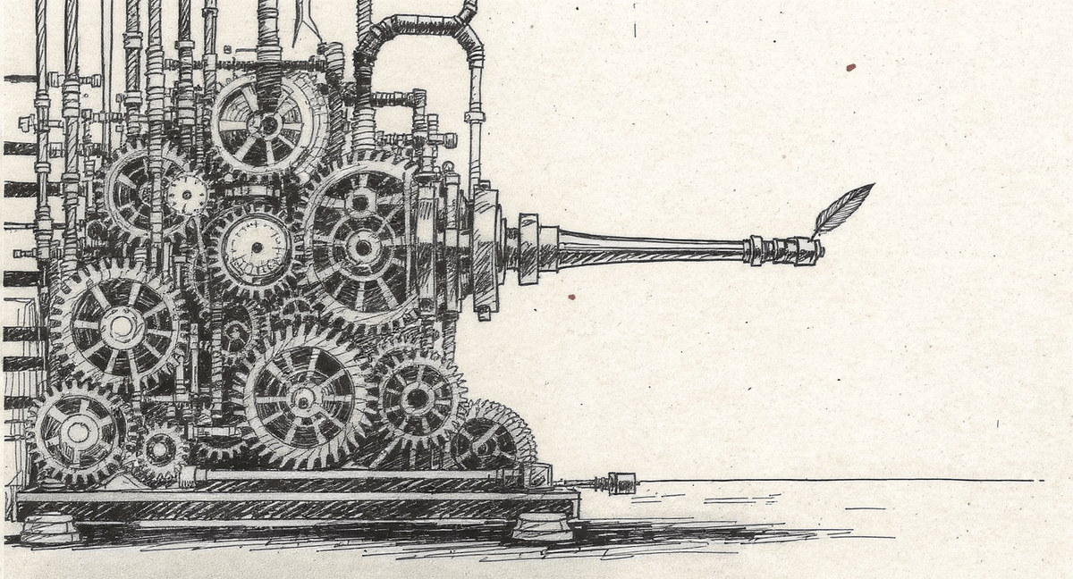 A meticulously maintained mechanical apparatus of interlocking gears and dials whose output shaft ends in empty air above a feather, the machine still turning.