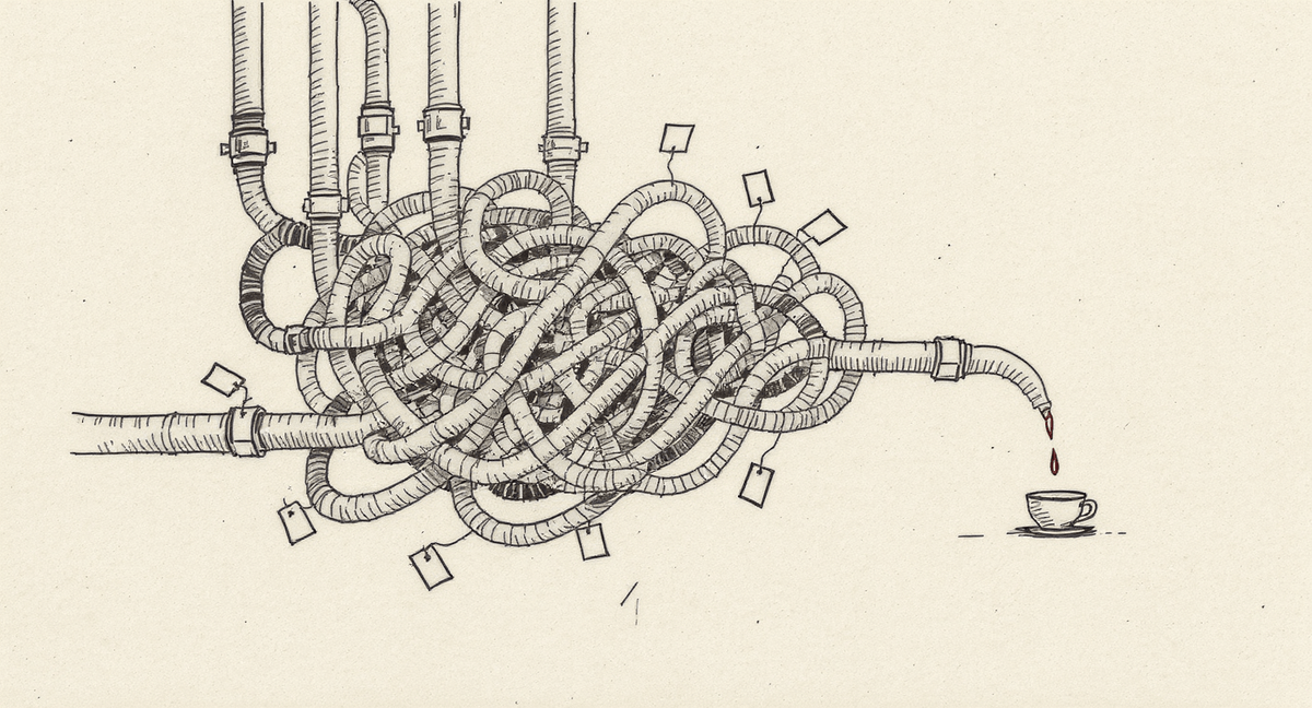 A dense tangle of mismatched pipes of different widths and eras, looping back into each other, each bearing a blank tag, eventually delivering a thin trickle into a plain cup.