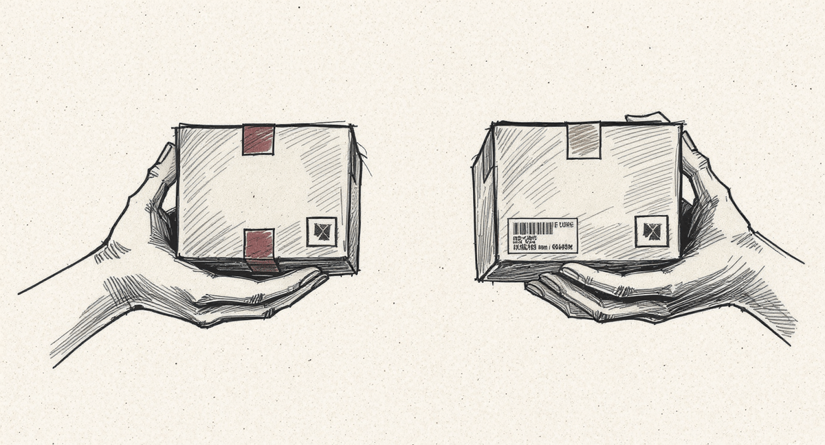 Two pairs of hands each gripping the same plain cardboard box from opposite angles—one facing the presentable gift-front, the other facing the utilitarian seamed back.