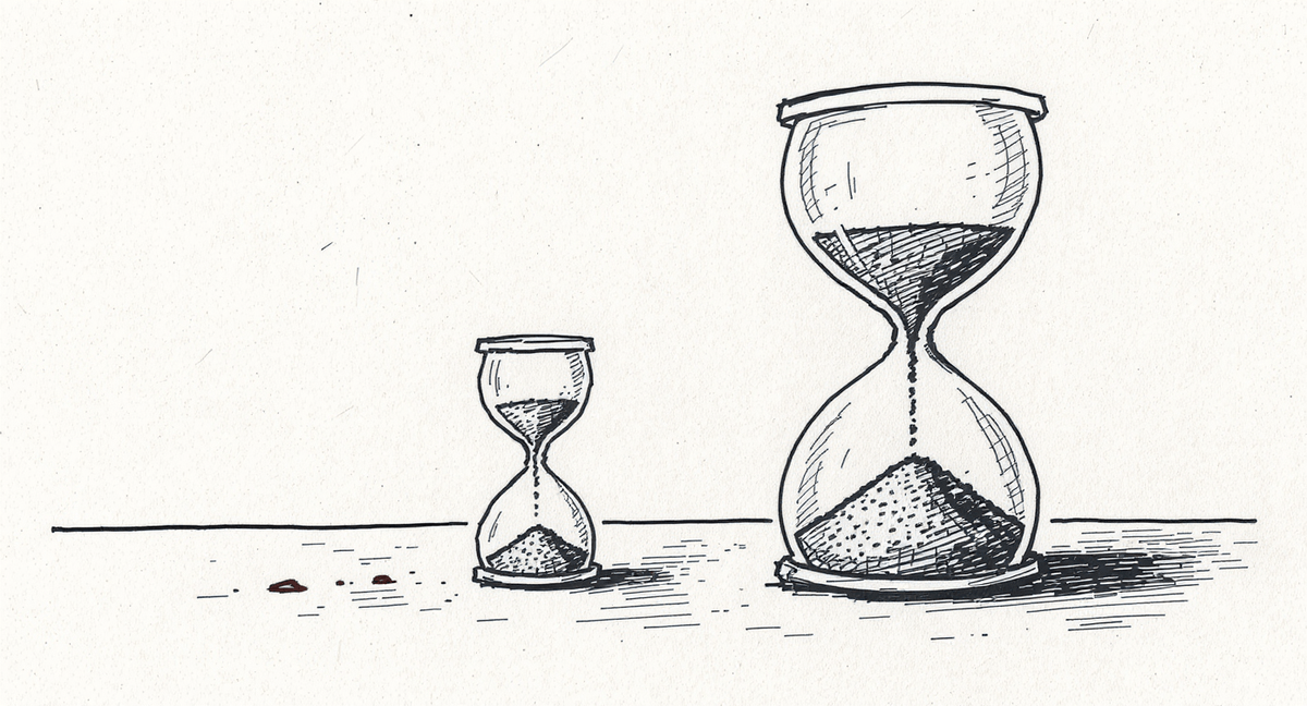 Two hourglasses on a plain table, one small with a few grains of sand remaining and one large with a vast heap of fallen sand, both mid-completion.