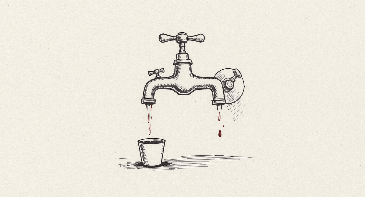 Illustration of a single water tap fitted with four diverging spigot heads, each pointing a different direction. Only one has a cup placed to catch the water; the others spill freely onto an unseen floor.