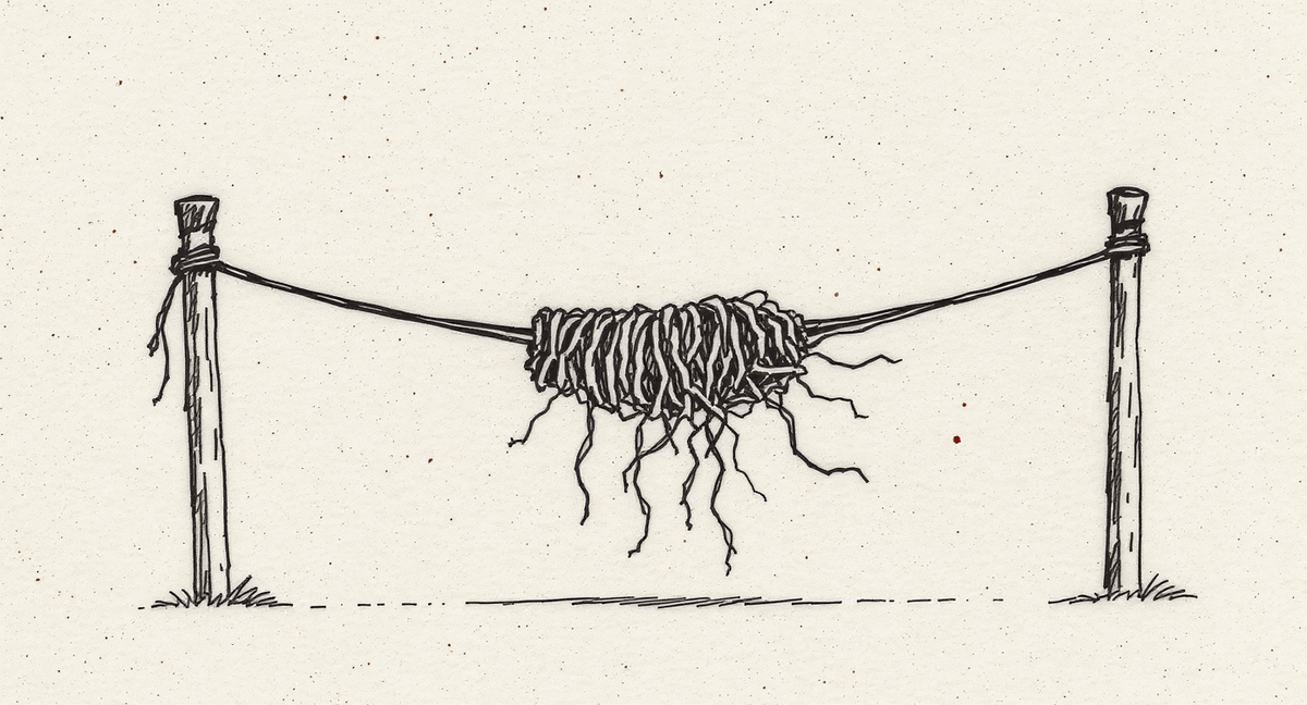 Illustration of a bundle of string running from a single neat anchor knot on the left to a dozen unraveling, untethered strands spreading loosely into the air on the right.