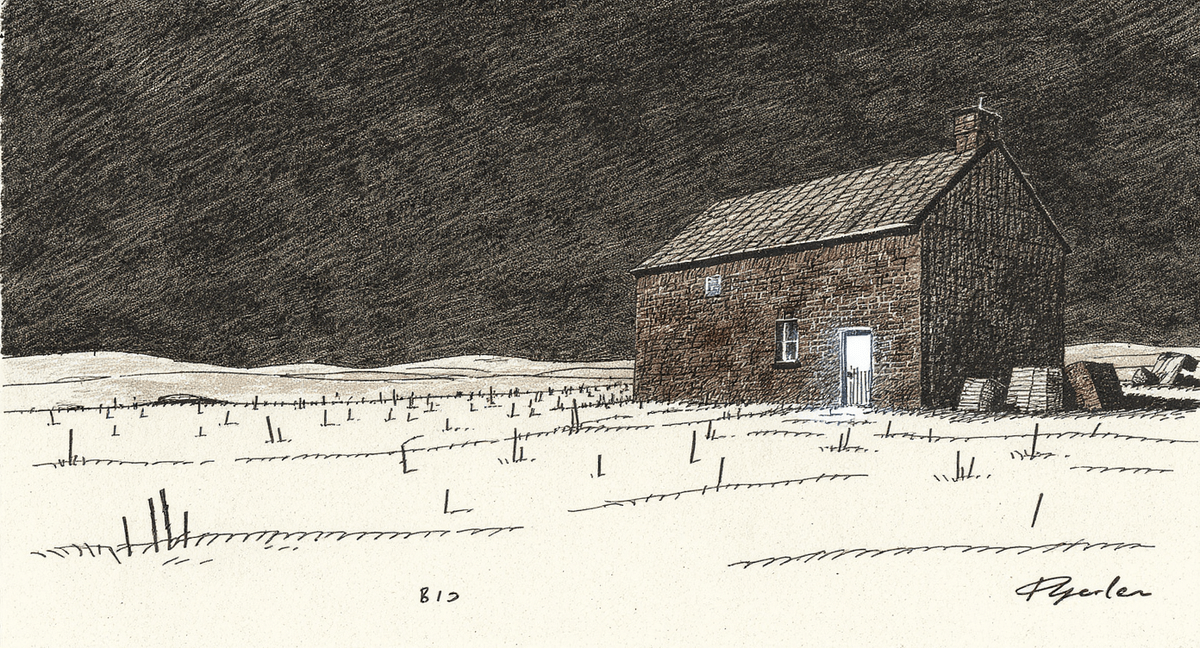 Illustration of one solid brick building with a warm lit window standing in a field scattered with dozens of tiny, precarious matchstick towers at various angles, a few visibly dark or smoking.