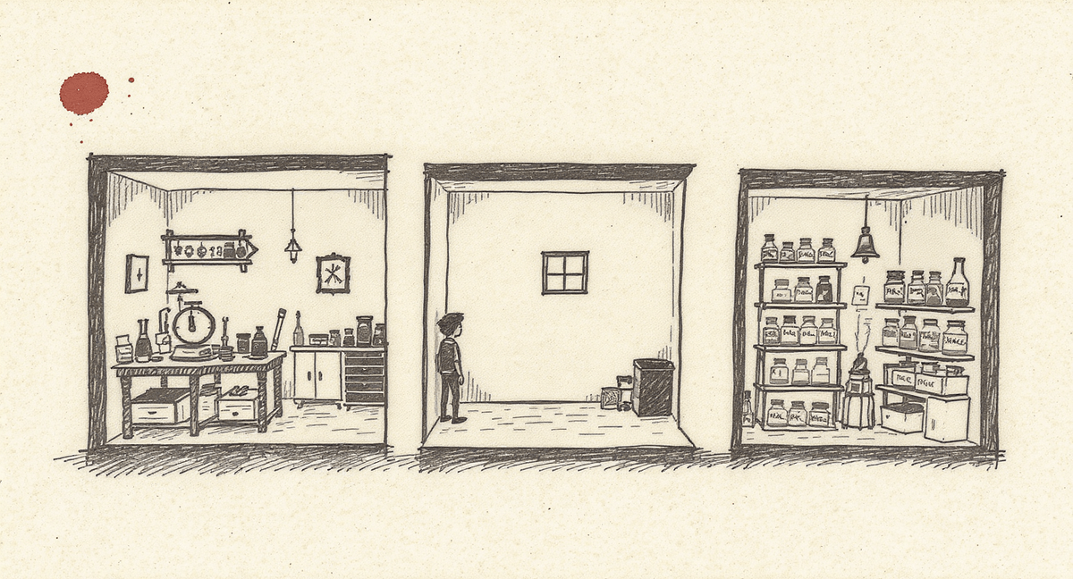 Cross-section of three adjacent rooms: a busy workshop on the left, a bare display room in the center with a single window, and a reaction room on the right. A small figure stands in the threshold between the workshop and the display room.