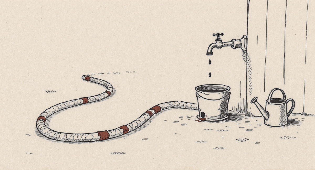 A patched, leaking garden hose leads to a holey bucket placed under a dripping tap. A perfectly good, unused watering can stands beside it.