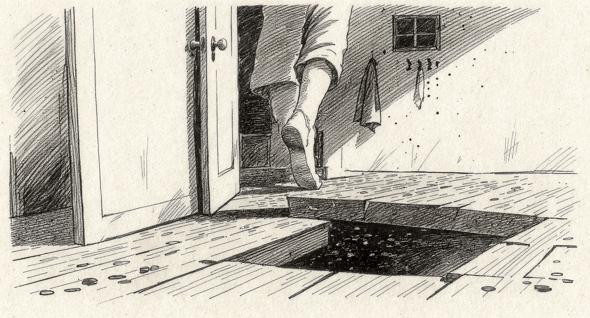 A person stepping through a doorway discovers the floor simply ends halfway across the room, with a dark gap dropping away beneath their hovering foot; the far wall is ordinary and intact.