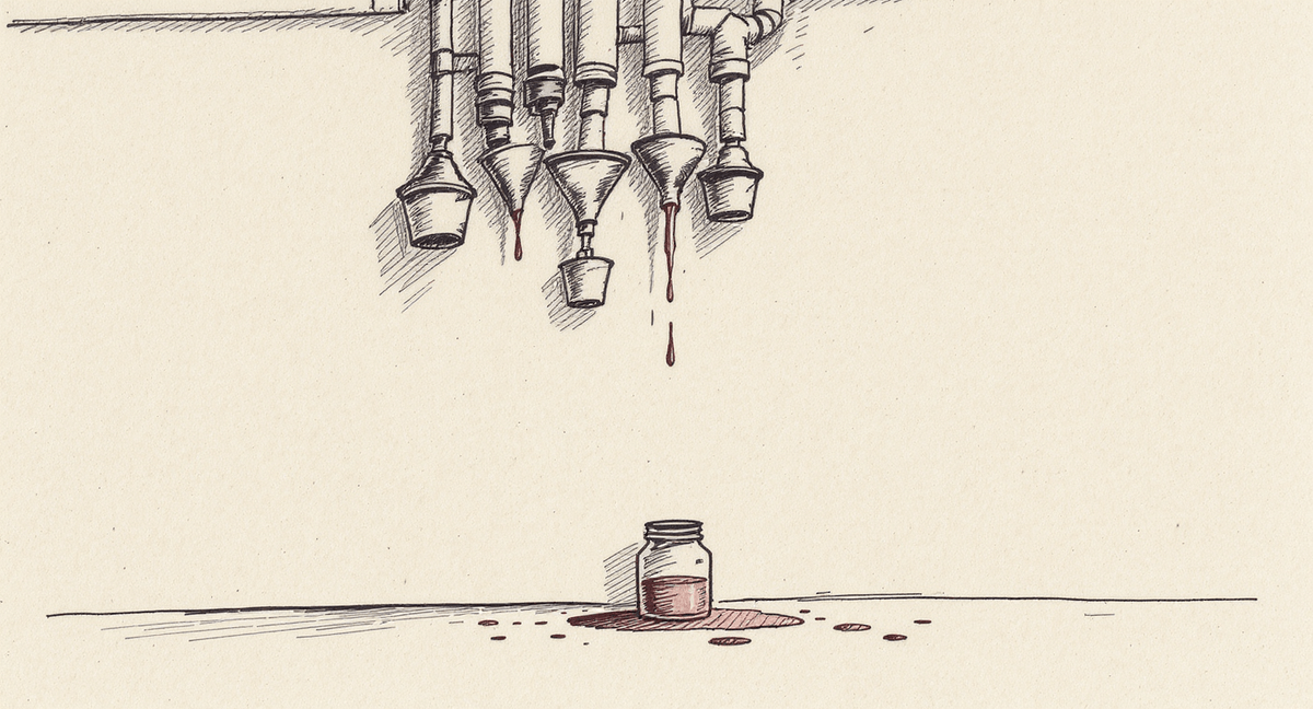 An improvised system of funnels and tubes mounted to a wall channels drips from a leaky pipe into a collection jar; one middle tube has come undone and is dripping onto the floor unnoticed, while the jar below looks nearly full and seemingly intact.