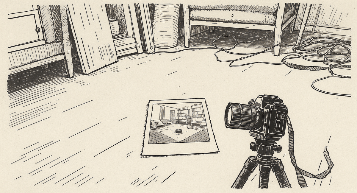 A camera on a tripod points at a corner of a room. An instant photograph lies on the floor showing the old, neat version of that corner. The real room behind the lens is cluttered with new furniture, loose cables, and a half-assembled shelf -- nothing in the photo matches what is actually there.