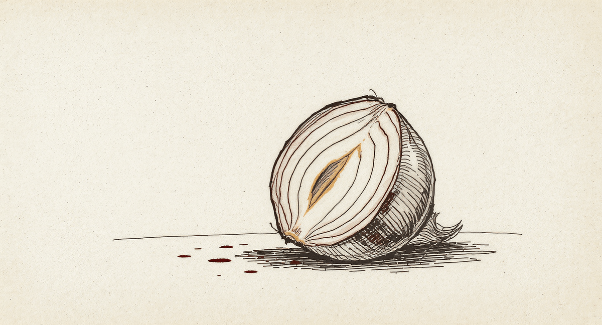A halved onion with neat concentric rings visible in cross-section, but with a small dark hollow at the center where the core should be.