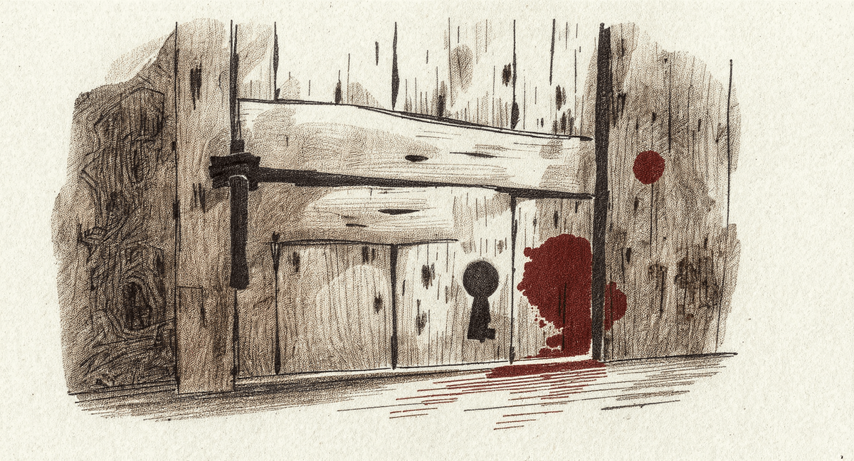 A locked wooden door viewed from the inside, light glowing under its base, a key visible through the keyhole hanging tantalizingly on the far wall.
