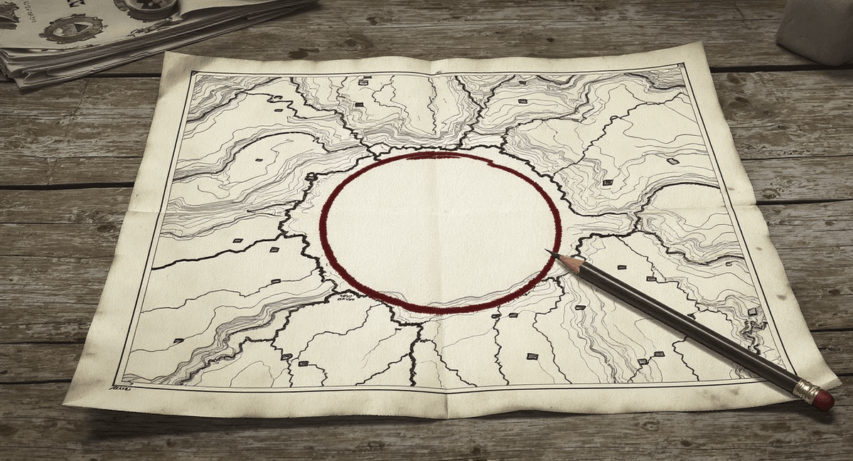 A detailed topographic map with one small region deliberately circled and cross-hatched in pencil to mark it as known unknown territory, surrounded by otherwise precise cartographic detail. A pencil rests across the corner.