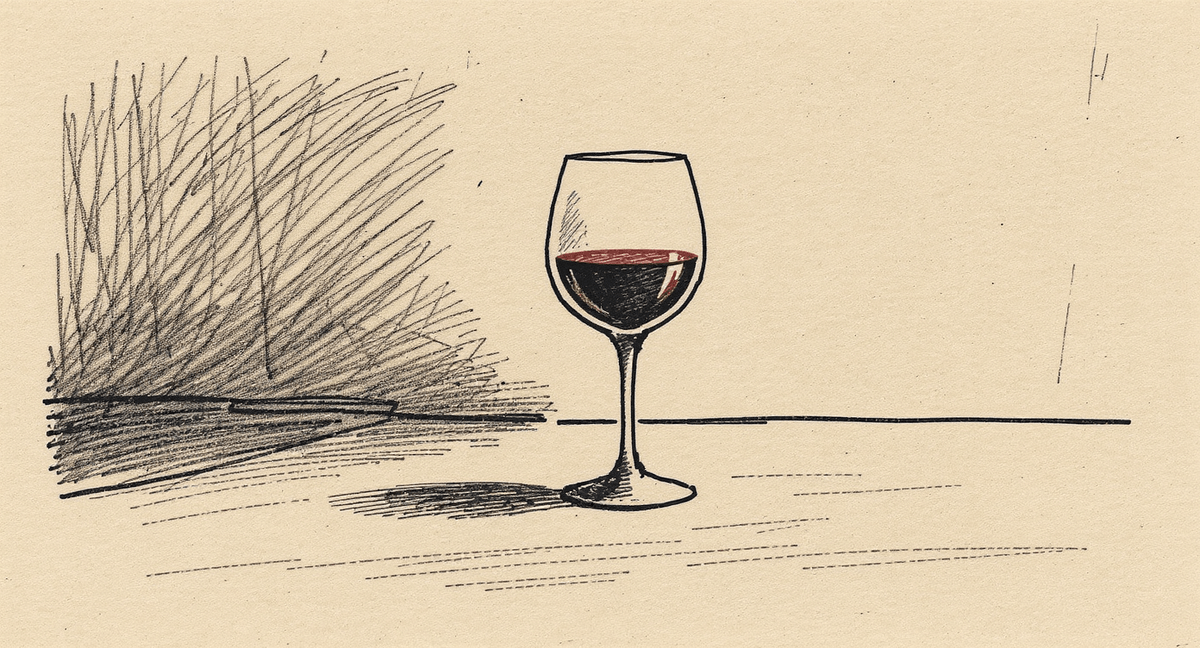 A single full wine glass resting on a bare kitchen counter at night, untouched, with condensation on the outside and a warm glow from off-frame illuminating it from the side.