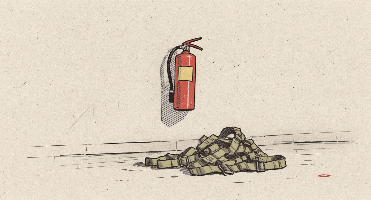 A red fire extinguisher mounted on a blank wall with its safety pin intact, and a parachute harness in a pile on the floor below it, the two objects side by side but not touching.