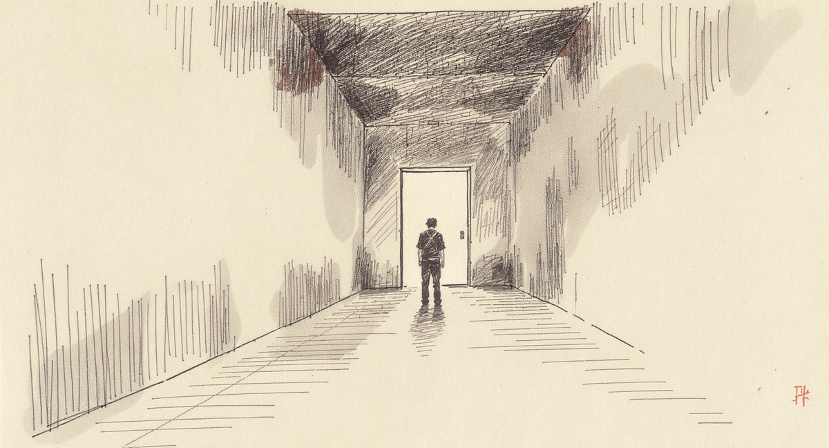 A long corridor viewed from one end, with a closed door at the far end leaking warm light underneath it, and a solitary figure standing in the hallway with their back to the viewer, outside the room and waiting.